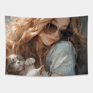 Girl sleeping with cats Tapestry