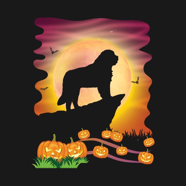 Saint Bernard Dog On Mountain & Moon Pumpkins Bat Halloween by Cowan79