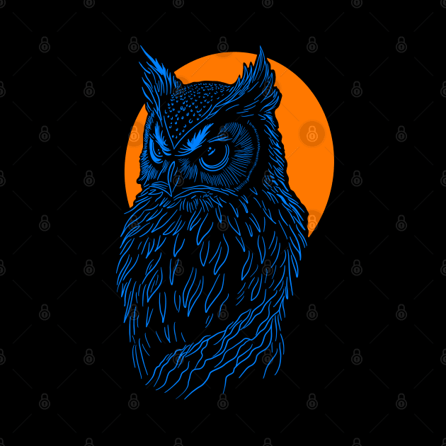 Blue Owl design in front of orange full moon. by DaveDanchuk