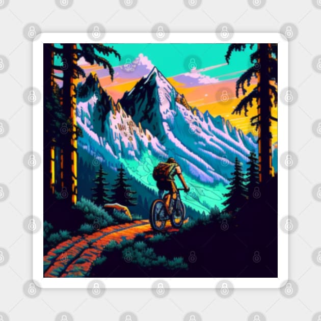 riding bike in the forest and mountains Magnet by A&A