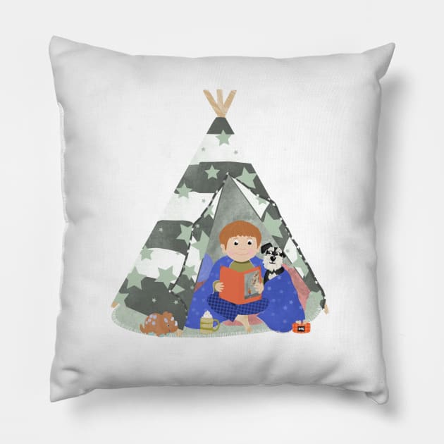 Little boy in a teepee den with story book and puppy surrounded by stars Pillow by NattyDesigns