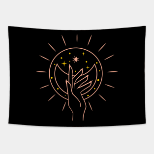 Aesthetic line art mystic hand moon and star Tapestry