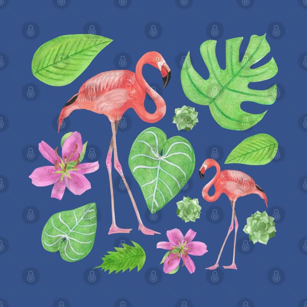 Flamingos Lilies and Monstera and Philodendron Gloriosum Leaves by Penny Passiflora Studio