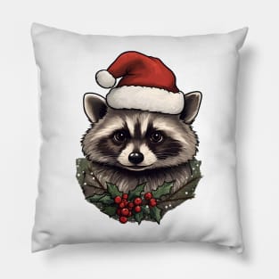 Santa hat Raccoon with holly Pillow