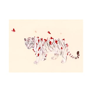 White Tiger and Red Butterflies T-Shirt