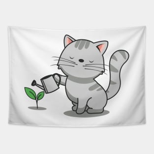 Cute Cat Watering Plants Tapestry