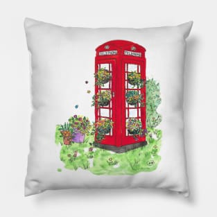 Red Telephone Box with Flowers Pillow