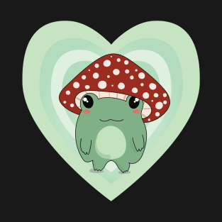 Mushroom Hat Kawaii Frog on Light Green Hearts T-Shirt