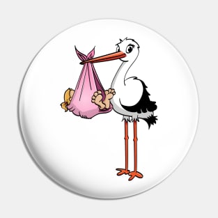 The stork who delivers the baby girl. Vector gender illustration. Pin