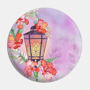 Old streetlight with tropical flowers decoration. Fairy spring garden watercolor illustration. Enchanted romantic scenery Pin