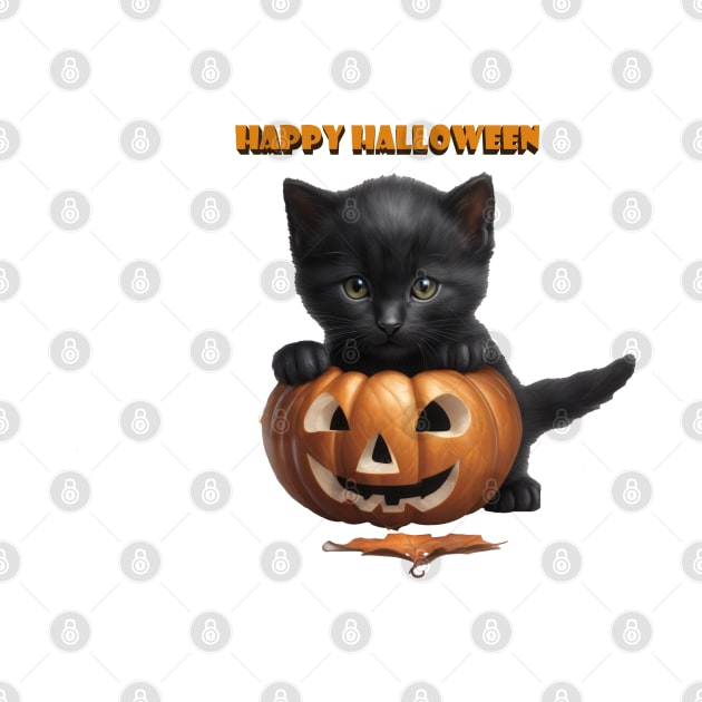 Happy Halloween Black Kitten Jack O' Lantern Pumpkin by jillnightingale