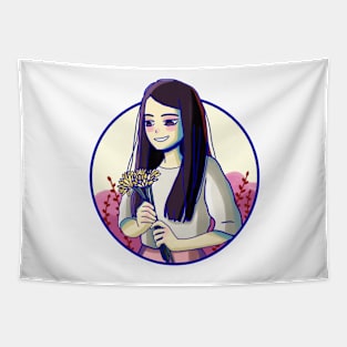 Cute girl holding yellow flowers Tapestry