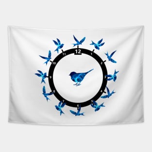 Time Flies Blue Birds around the clock Tapestry