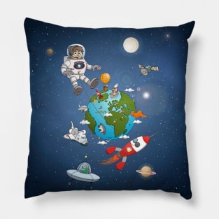 The astronaut and his rocket above planet earth Pillow