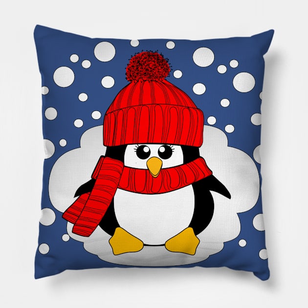 Christmas Penguin with Red Hat and Scarf Pillow by Krimbles