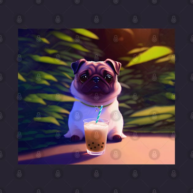 Pug with boba bubble tea by akwl.design