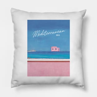 Pink House at the Beach Mediterranean Architecture Travel Poster Retro Wall Art Illustration Pillow