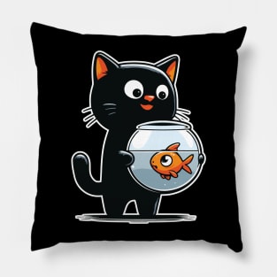 Cat Staring Down at Fish in Fishbowl Graphic Pillow