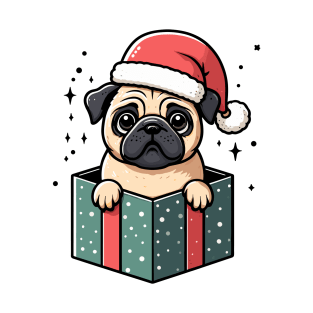 Pug In Present Dog Christmas Festive Santa Hat T-Shirt