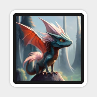 Fuzzy Young Blue Dragon with Pink Wings on a Rock Magnet