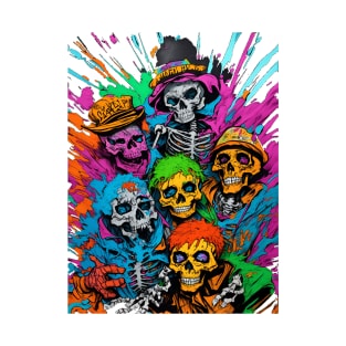 Colorful dead skeleton homies chillin lots of neon color splatter T-Shirt