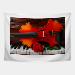 Beautiful Red Rose With Baroque Violin On Keys Tapestry
