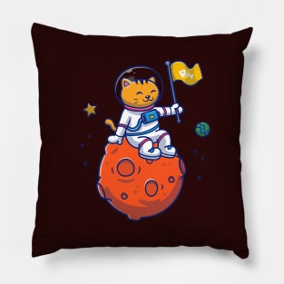 Cute Cat Astronaut Sitting On Moon With Flag Pillow