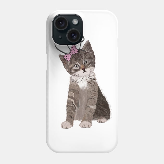 Cute hand drawn cat with easter bunny ear and pink ribbon Phone Case by GULSENGUNEL