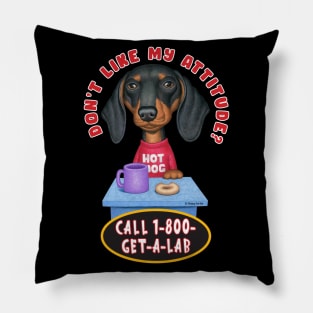 funny cute awesome doxie Black Dachshund sitting at Table Pillow