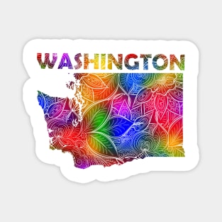 Colorful mandala art map of Washington with text in multicolor pattern Magnet