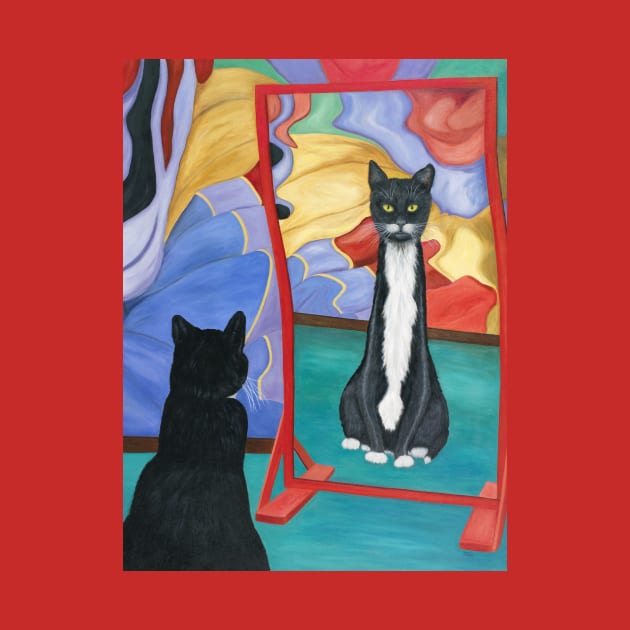 Tuxedo Cat in Fun House Skinny Mirror by KarenZukArt