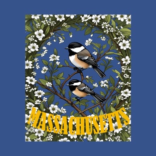 Massachusetts Black-capped Chickadee Bird And Mayflowers T-Shirt