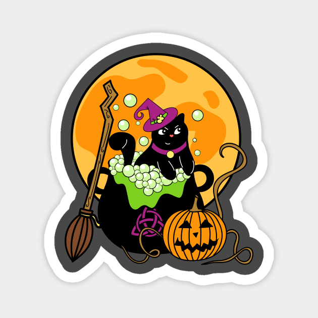 Witch Cat with Broomstick and Cauldron for Halloween Magnet by Bitycat