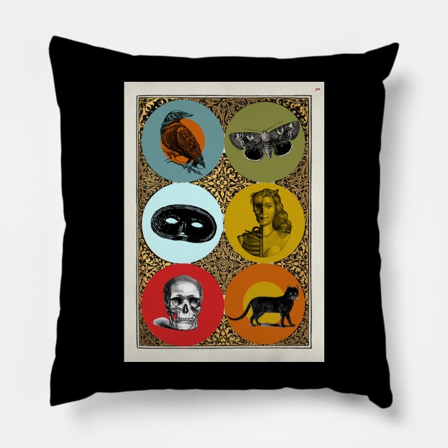 Halloween Signs and Portents Six Symbols - Black Cat, Skull, Mask, Memento Mori, Moth, Crow. Pillow by SwagOMart