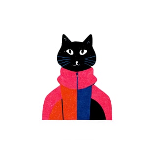 Street Wear Black Cat Retro Poster Vintage Art Sports Wall Illustration Pink Illustration T-Shirt