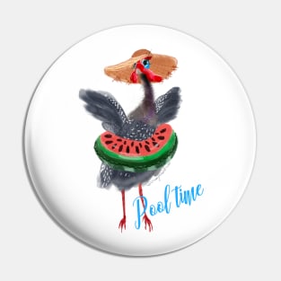 Pool time, cute guinea fowl in watermelon swimming circle and hat Pin