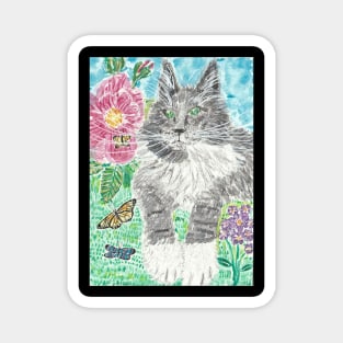 Gray and white  cat butterflies  flowers  art Magnet