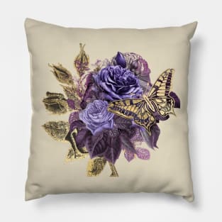 Vintage Purple and Gold Roses with Butterfly on Creamy Beige Pillow