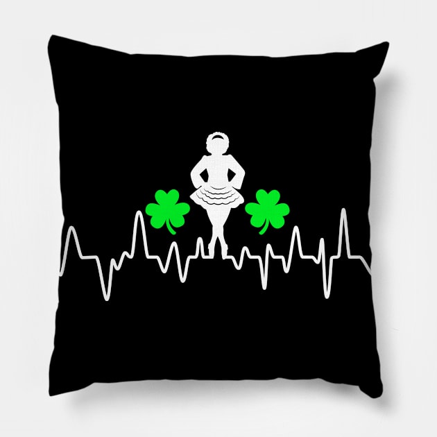 Irish Dancer Heartbeat Graph with Shamrock Leaves Pillow by Teeziner