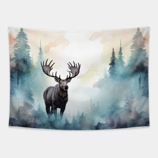 Misty boreal watercolor moose Tapestry