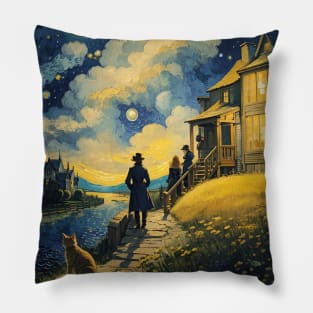 Starry Night Cat, Van Gogh Cat, Cat Lover, Cat Mom, Cat Dad Pillow