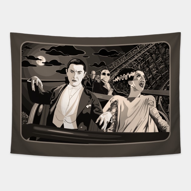 Ups & Downs (Sepia) (Universal Monsters on Roller Coaster) Tapestry by PlaidDesign