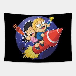 Boy and Girl Riding New Year Firework Tapestry