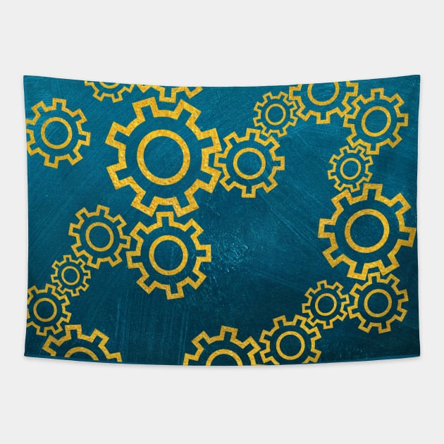 Golden gears on a beautiful blue background Tapestry by Purrfect