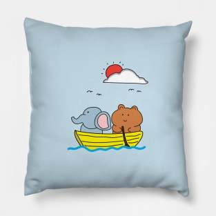 cute elephant and bear on a wooden boat Pillow