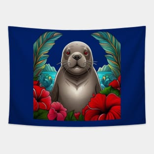 Cartoon Tattoo Art Of Hawaiian Monk Seal With Hibiscus Tapestry