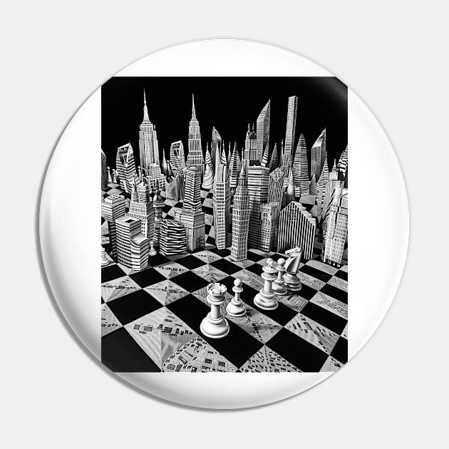 Cityscape Gambit: Skyline Chess Match Tee gift Pin by familycuteycom