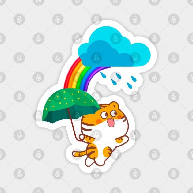 Baby tiger with green umbrella Magnet by LAV77