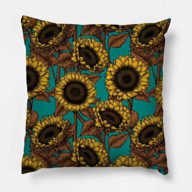 Sunflowers on turquoise Pillow by katerinamk