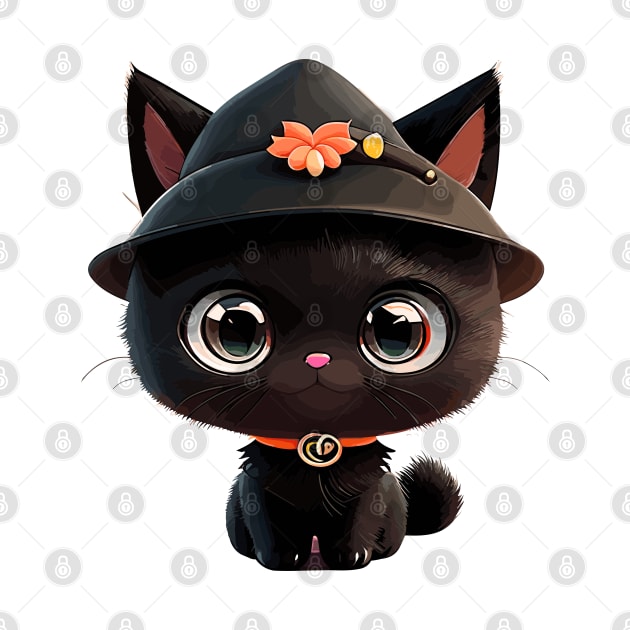 Cute black Halloween kitty in a hat by RosaliArt